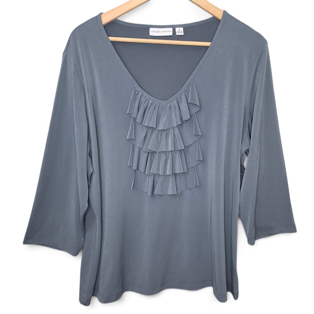 Susan Graver Top Womens Plus 1X Gray Liquid Knit V Neck Ruffle Blouse 3/4 Sleeve